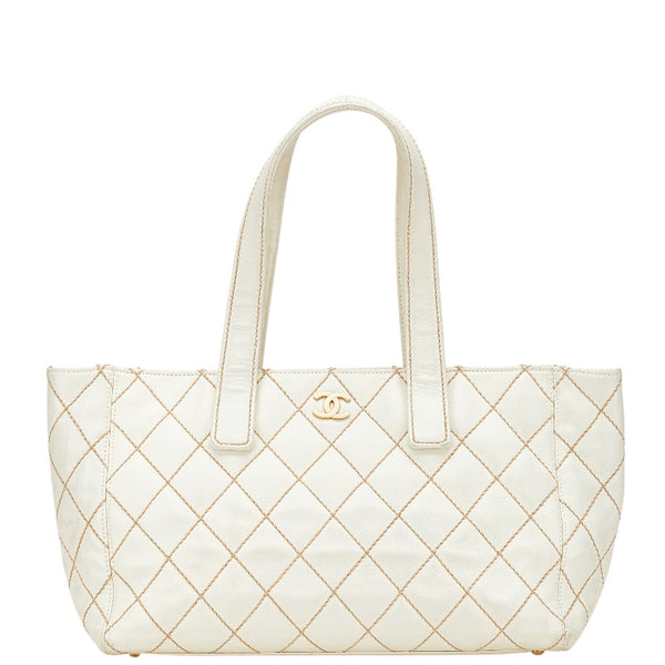 シャネル ココマーク ワイルドステッチ トートバッグ ホワイト レザー レディース CHANEL 【中古】