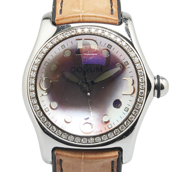 コルム バブル ダイヤベゼル 腕時計 39.151.47 クオーツ ピンク文字盤 ステンレススチール レザー メンズ CORUM 【中古】