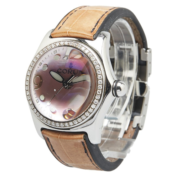 コルム バブル ダイヤベゼル 腕時計 39.151.47 クオーツ ピンク文字盤 ステンレススチール レザー メンズ CORUM 【中古】