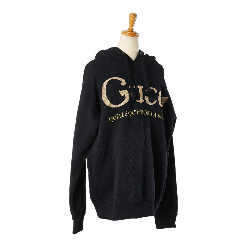 グッチ ロゴ ラメ プルオーバーパーカー サイズ：S 615061 ブラック ゴールド コットン メンズ GUCCI 【中古】