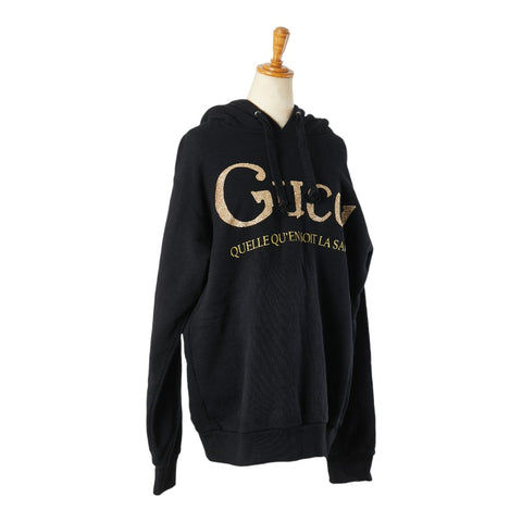 グッチ ロゴ ラメ プルオーバーパーカー サイズ：S 615061 ブラック ゴールド コットン メンズ GUCCI 【中古】