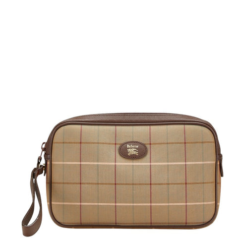 バーバリー チェック セカンドバッグ ポーチ カーキグリーン ブラウン キャンバス レザー レディース BURBERRY 【中古】