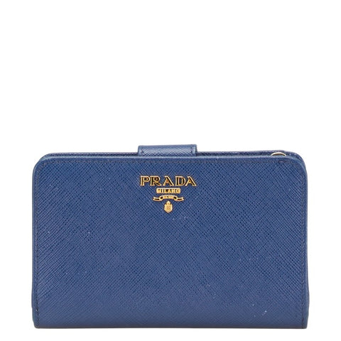 プラダ 二つ折り財布 ブルー レザー レディース PRADA 【中古】