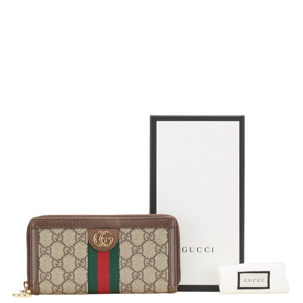 グッチ GGスプリーム GGマーモント オフディア ラウンドファスナー 長財布 ベージュ ブラウン PVC レザー レディース GUCCI 【中古】