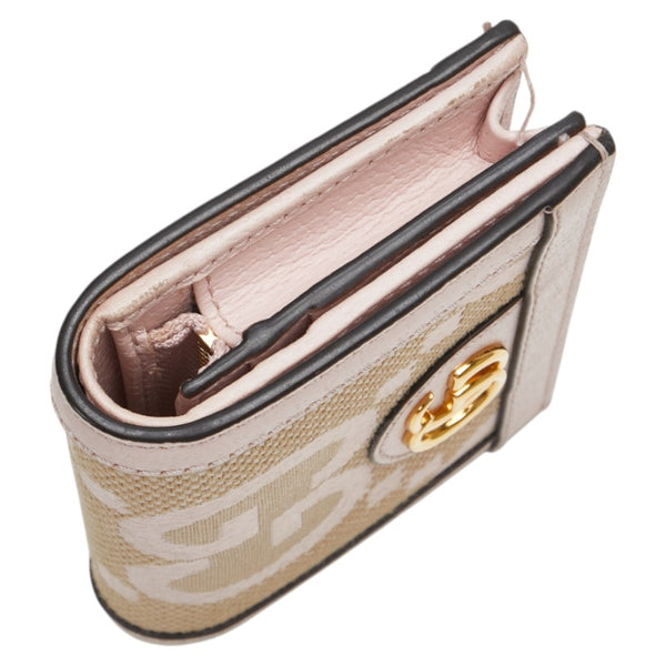 グッチ ジャンボG 二つ折り財布 523155 ピンク ベージュ キャンバス レザー レディース GUCCI 【中古】