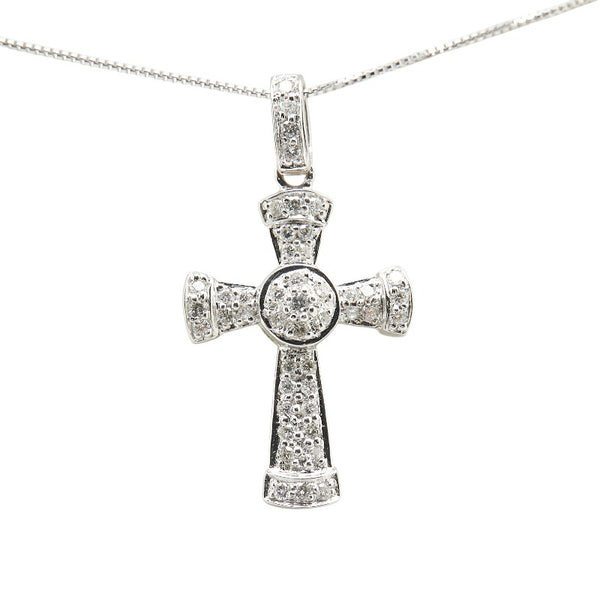 K18WG ホワイトゴールド ダイヤ0.35ct クロス 十字架 モチーフ ベネチアンチェーン ネックレス レディース 【中古】