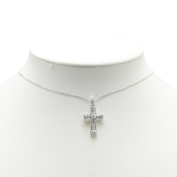 K18WG ホワイトゴールド ダイヤ0.35ct クロス 十字架 モチーフ ベネチアンチェーン ネックレス レディース 【中古】