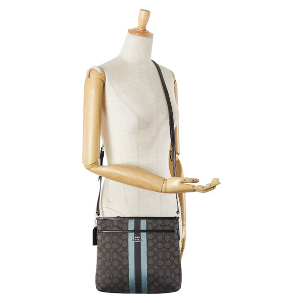 コーチ シグネチャー ショルダーバッグ F39041 グレー ブラック ブルー キャンバス レザー レディース COACH 【中古】