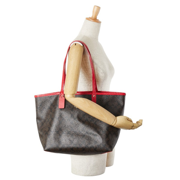 コーチ シグネチャー リバーシブル トートバッグ ハンドバッグ F36658 ブラウン レッド PVC レザー レディース COACH 【中古】