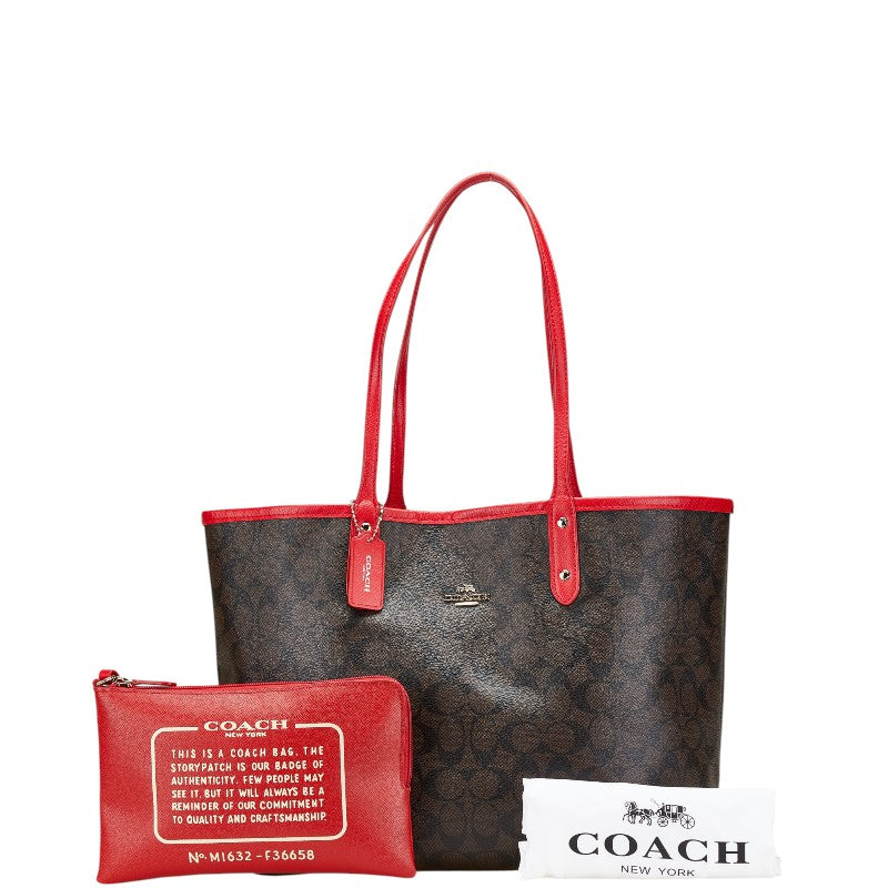 コーチ シグネチャー リバーシブル トートバッグ ハンドバッグ F36658 ブラウン レッド PVC レザー レディース COACH 【中古】