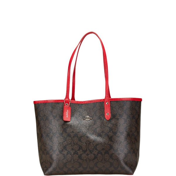 コーチ シグネチャー リバーシブル トートバッグ ハンドバッグ F36658 ブラウン レッド PVC レザー レディース COACH 【中古】