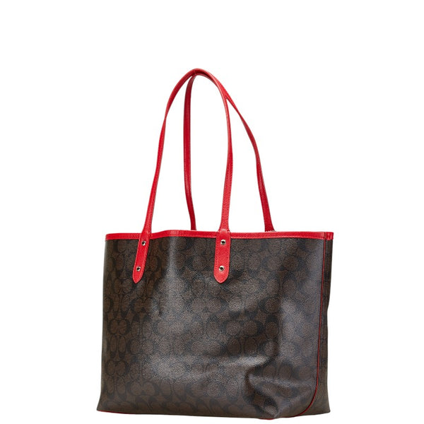コーチ シグネチャー リバーシブル トートバッグ ハンドバッグ F36658 ブラウン レッド PVC レザー レディース COACH 【中古】