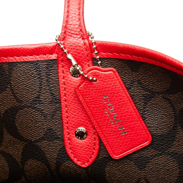 コーチ シグネチャー リバーシブル トートバッグ ハンドバッグ F36658 ブラウン レッド PVC レザー レディース COACH 【中古】