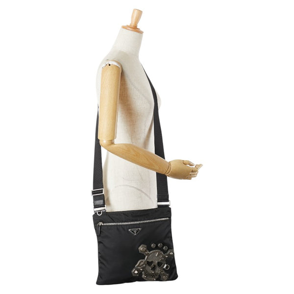プラダ 三角ロゴプレート スカル ショルダーバッグ ブラック シルバー ナイロン レザー レディース PRADA 【中古】