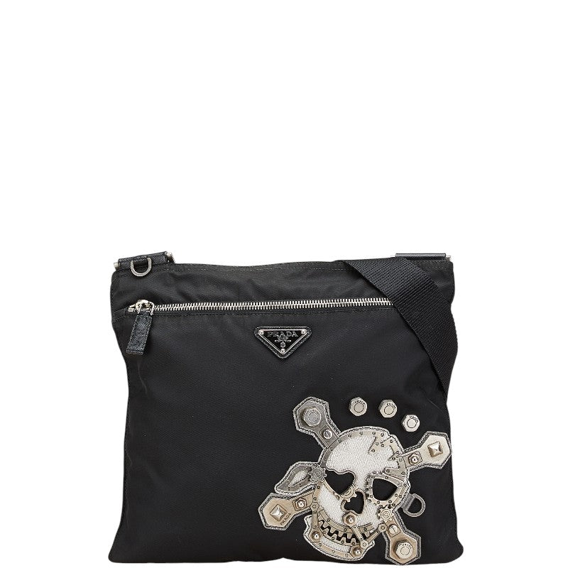 プラダ 三角ロゴプレート スカル ショルダーバッグ ブラック シルバー ナイロン レザー レディース PRADA 【中古】