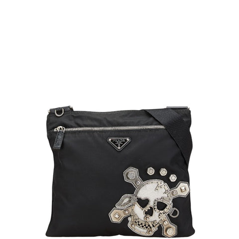 プラダ 三角ロゴプレート スカル ショルダーバッグ ブラック シルバー ナイロン レザー レディース PRADA 【中古】