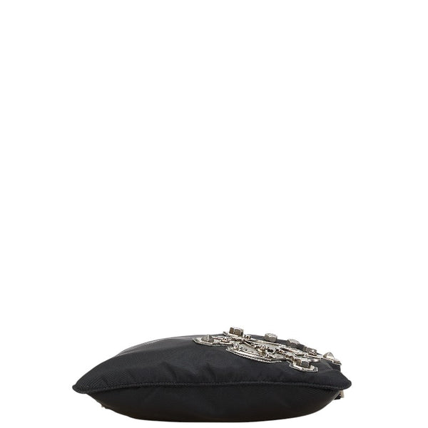 プラダ 三角ロゴプレート スカル ショルダーバッグ ブラック シルバー ナイロン レザー レディース PRADA 【中古】