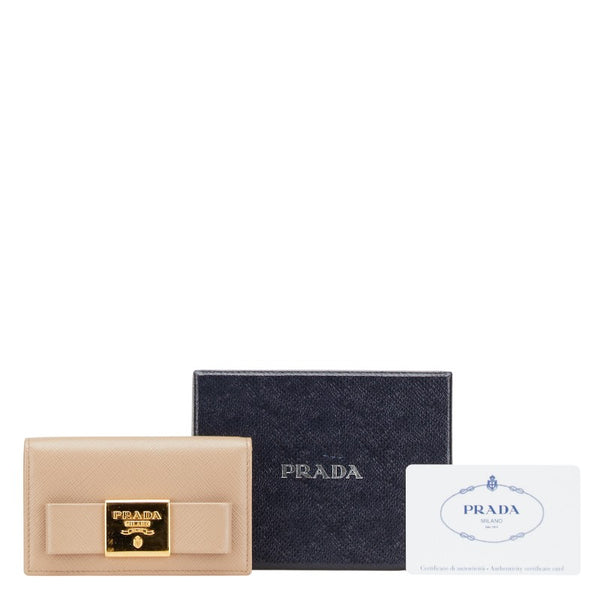 プラダ リボン ロゴプレート カードケース 名刺入れ 1MC122 ベージュ レザー レディース PRADA 【中古】