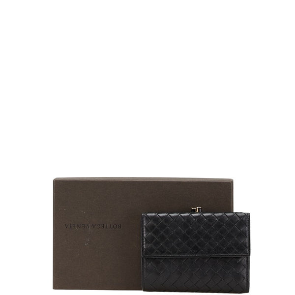 ボッテガヴェネタ イントレチャート がま口 三つ折り財布 ブラック レザー レディース BOTTEGAVENETA 【中古】