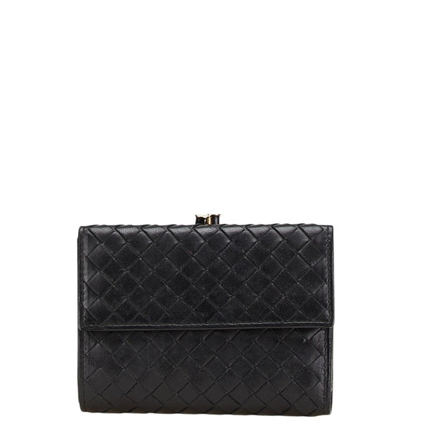 ボッテガヴェネタ イントレチャート がま口 三つ折り財布 ブラック レザー レディース BOTTEGAVENETA 【中古】