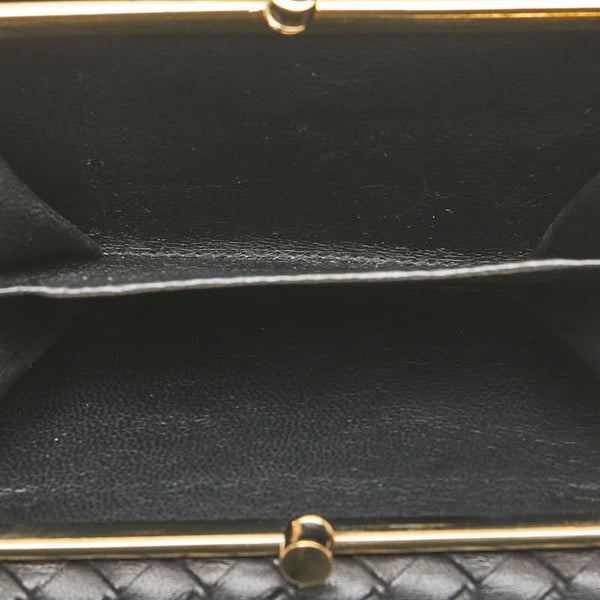 ボッテガヴェネタ イントレチャート がま口 三つ折り財布 ブラック レザー レディース BOTTEGAVENETA 【中古】