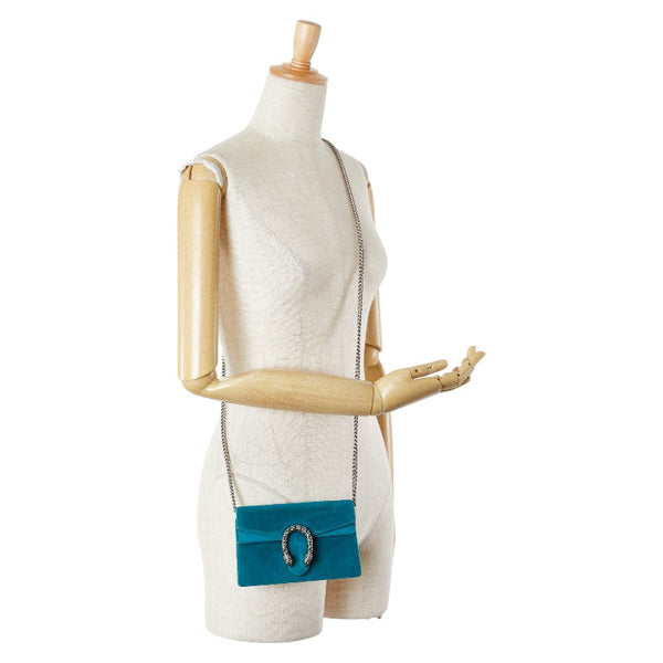 グッチ ディオニュソス スーパー ミニバッグ チェーン 斜め掛け ショルダーバッグ 476432 ブルー グリーン ベロア レザー レディース GUCCI 【中古】