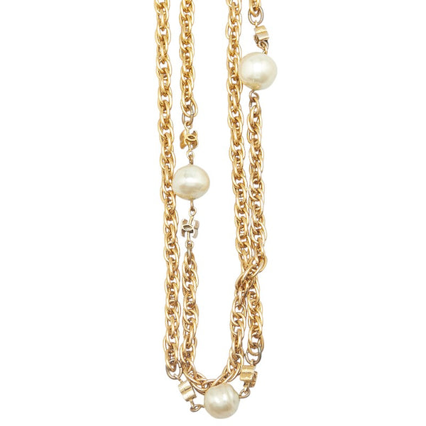 シャネル ヴィンテージ 1982 ココマーク ロングネックレス ダブルチェーン ゴールド メッキ フェイクパール レディース CHANEL 【中古】