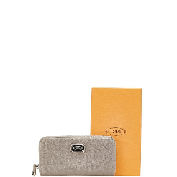 トッズ ロゴプレート 長財布 ラウンドファスナー グレージュ レザー レディース TOD’S 【中古】