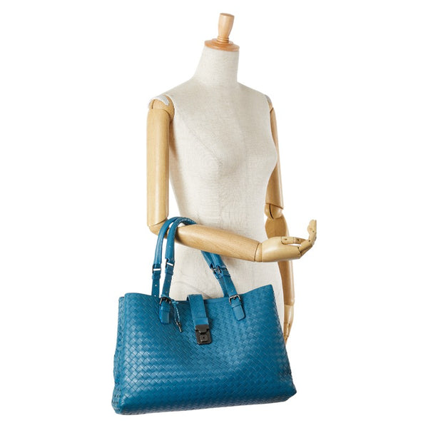 ボッテガヴェネタ イントレチャート ハンドバッグ トートバッグ ブルー レザー レディース BOTTEGAVENETA 【中古】