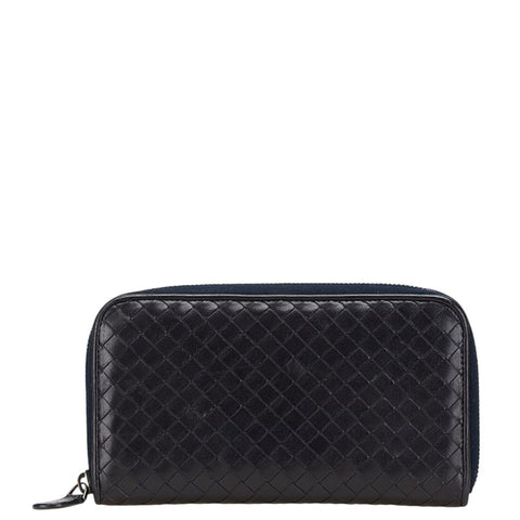 ボッテガヴェネタ イントレチャート ラウンドファスナー 長財布 ブラック レザー レディース BOTTEGAVENETA 【中古】
