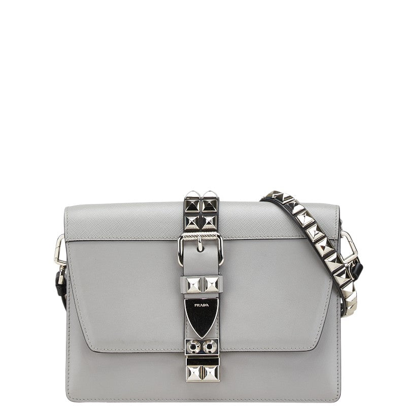 プラダ スタッズ 斜め掛け ショルダーバッグ  グレー レザー レディース PRADA 【中古】