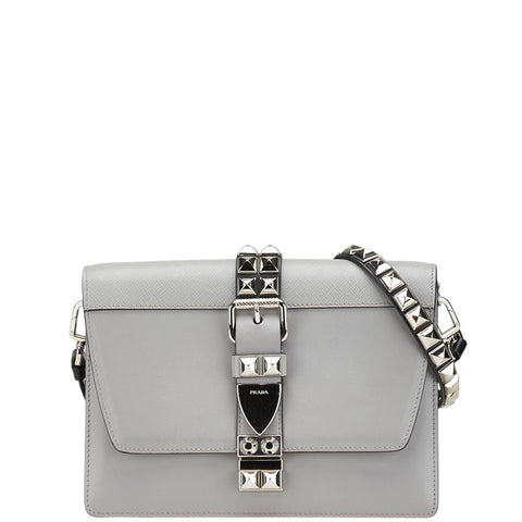 プラダ スタッズ 斜め掛け ショルダーバッグ  グレー レザー レディース PRADA 【中古】