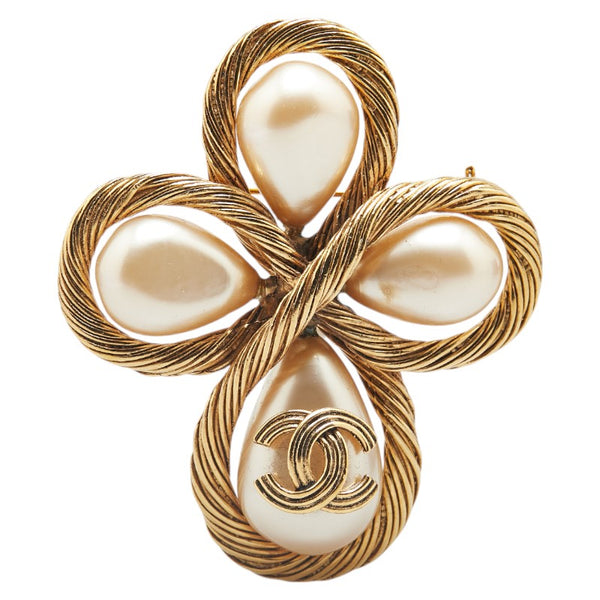 シャネル ココマーク フェイクパール クロス ブローチ ゴールド メッキ レディース CHANEL 【中古】