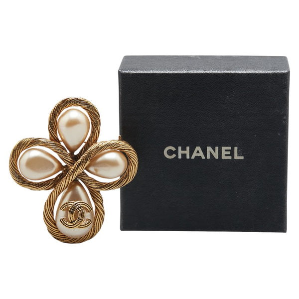 シャネル ココマーク フェイクパール クロス ブローチ ゴールド メッキ レディース CHANEL 【中古】