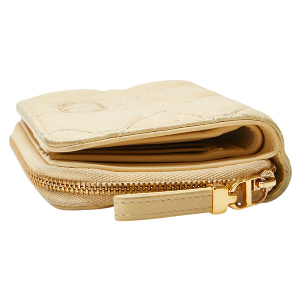 クリスチャンディオール カナージュ ラウンドファスナー 二つ折り財布 ベージュ レザー レディース Christian Dior 【中古】