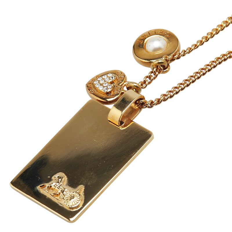 セリーヌ 馬車 プレート ハート ラインストーン パール ネックレス ゴールド メッキ レディース CELINE 【中古】