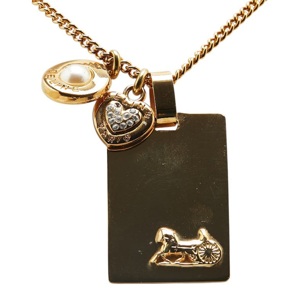 セリーヌ 馬車 プレート ハート ラインストーン パール ネックレス ゴールド メッキ レディース CELINE 【中古】