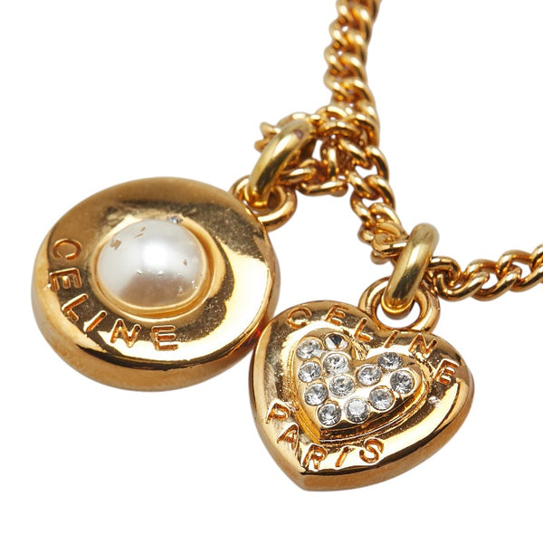 セリーヌ 馬車 プレート ハート ラインストーン パール ネックレス ゴールド メッキ レディース CELINE 【中古】
