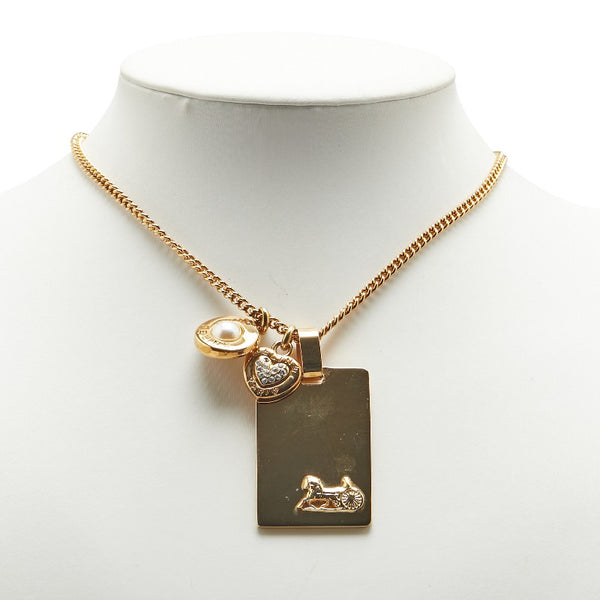 セリーヌ 馬車 プレート ハート ラインストーン パール ネックレス ゴールド メッキ レディース CELINE 【中古】