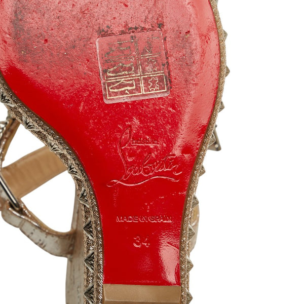 クリスチャンルブタン ピラリヤド スタッズ ウェッジソールサンダル サイズ：34 ゴールド ベージュ レザー グリッターキャンバス レディース Christian Louboutin 【中古】