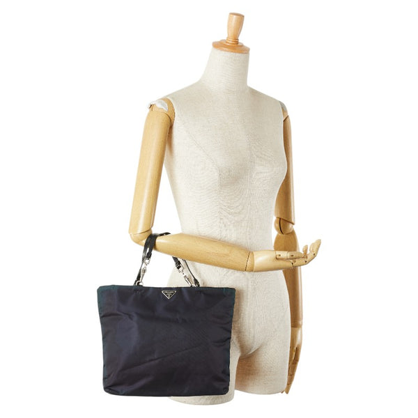 プラダ 三角ロゴプレート トートバッグ ハンドバッグ ネイビー ブラック ナイロン レザー レディース PRADA 【中古】