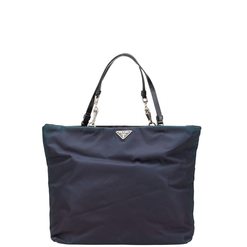 プラダ 三角ロゴプレート トートバッグ ハンドバッグ ネイビー ブラック ナイロン レザー レディース PRADA 【中古】