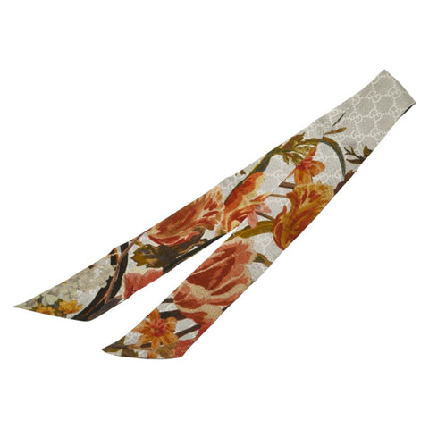グッチ 植物 ネックボウ スカーフ グレー マルチカラー シルク レディース GUCCI 【中古】