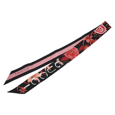 グッチ フラワー 花 ネックボウ スカーフ ブラック レッド マルチカラー シルク レディース GUCCI 【中古】