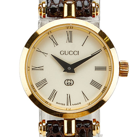 グッチ シェリーライン 型押し 腕時計 クオーツ ベージュ文字盤 ステンレススチール レザー レディース GUCCI 【中古】