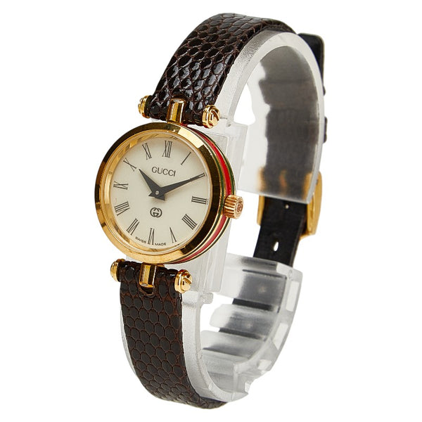 グッチ シェリーライン 型押し 腕時計 クオーツ ベージュ文字盤 ステンレススチール レザー レディース GUCCI 【中古】