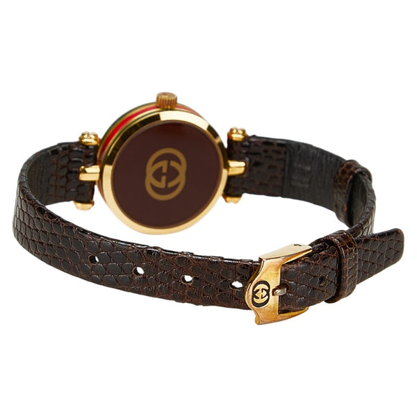 グッチ シェリーライン 型押し 腕時計 クオーツ ベージュ文字盤 ステンレススチール レザー レディース GUCCI 【中古】