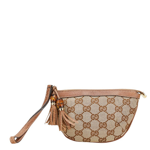 グッチ GGキャンバス バンブー ポーチ 小物入れ 220091 ベージュ ブラウン キャンバス レザー レディース GUCCI 【中古】