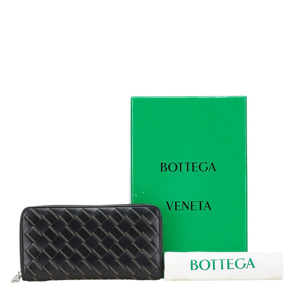 ボッテガヴェネタ イントレチャート ラウンドファスナー 長財布 ブラック グレー レザー レディース BOTTEGAVENETA 【中古】