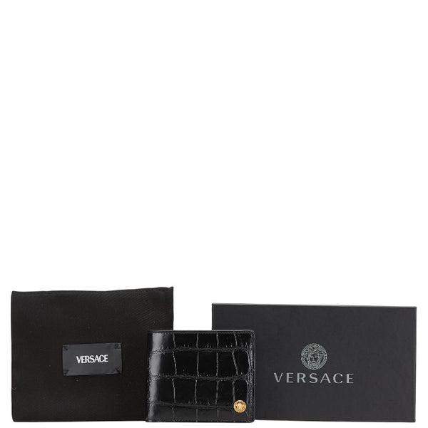 ヴェルサーチェ メデューサ クロコ型押し 二つ折り財布 ブラック レザー レディース VERSACE 【中古】